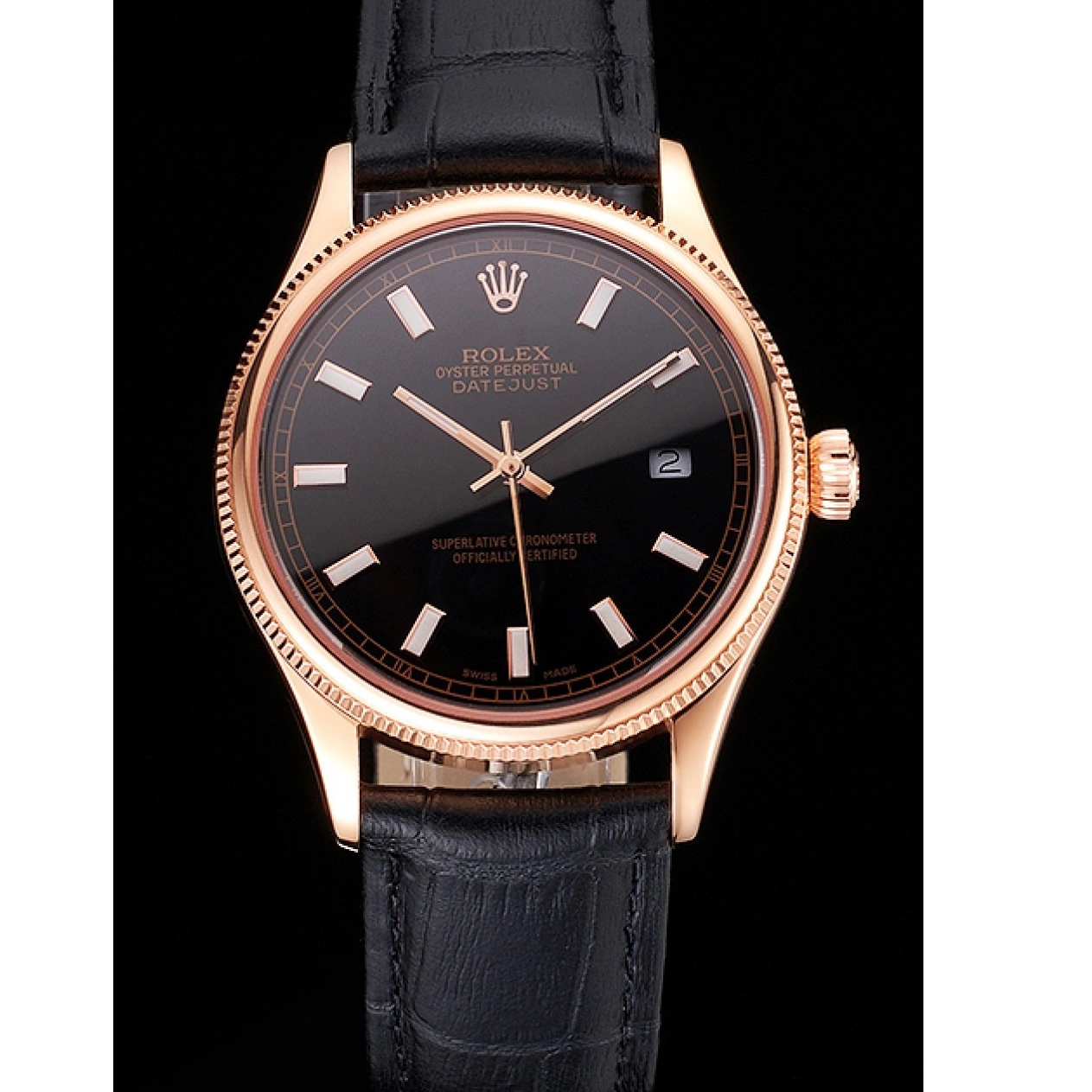 Good copy rolex watches Gold Leather Black Datejust Black Dial Swiss Rose Strap Rolex Case 0822